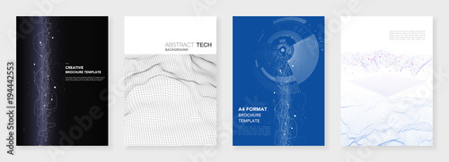 Minimal brochure templates. Big data visualization with lines and dots. Technology sci-fi concept, abstract vector design. Templates for flyer, leaflet, brochure, report, presentation, advertising