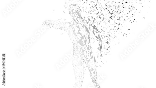 Conceptual abstract man touching or pointing to something. Connected lines, dots, triangles, particles. Artificial intelligence concept. High technology vector digital background. 3D render vector