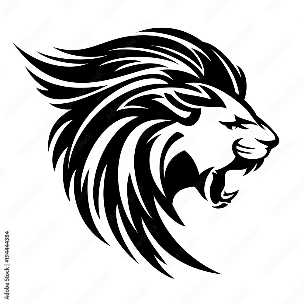 roaring lion profile portrait - side view animal head black and ...