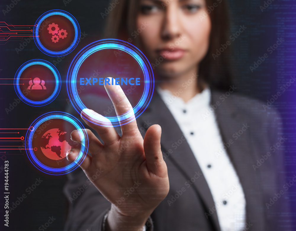 The concept of business, technology, the Internet and the network. A young entrepreneur working on a virtual screen of the future and sees the inscription: Experience
