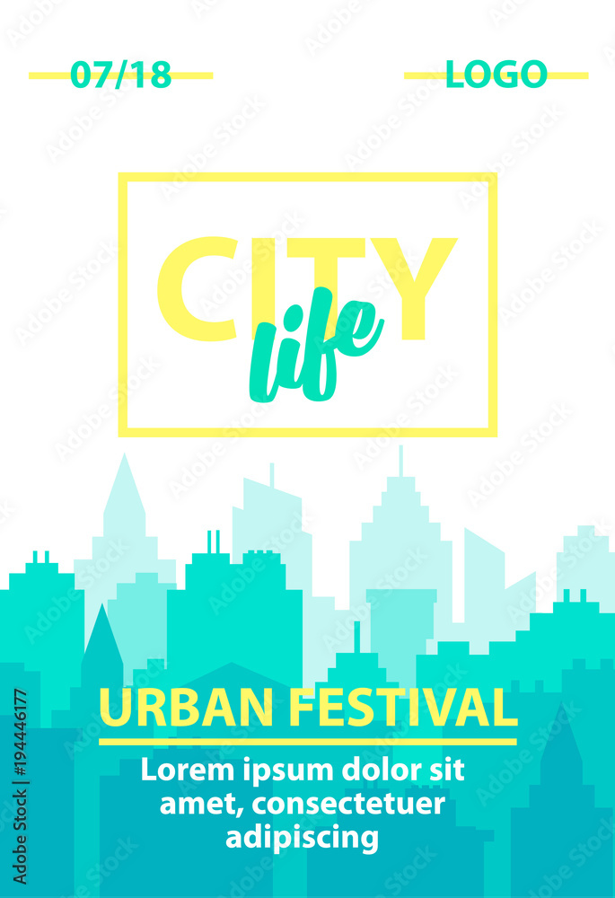 City skyline background. Poster template with Urban landscape. Blue pastel city silhouette in flat style. Cityscape backgrounds. Daytime morning city skyline.