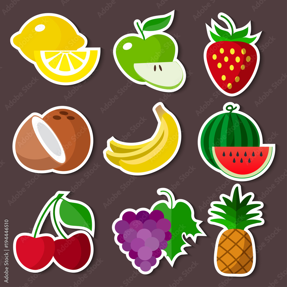 Colourful stickers fruit set on brown background Colourful stickers fruit set on brown background