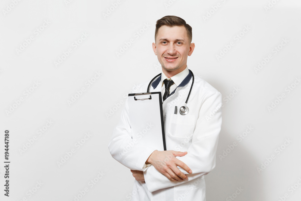 Smiling experienced handsome young doctor man isolated on white background. Male doctor in medical uniform, stethoscope health card on notepad folder. Healthcare personnel, health, medicine concept. Smiling experienced handsome young doctor man isolated on white background. Male doctor in medical uniform, stethoscope health card on notepad folder. Healthcare personnel, health, medicine concept.