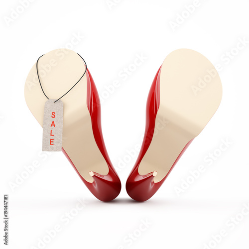 Womens red high-heeled shoes image 3D high quality rendering. Red sale tag. photo