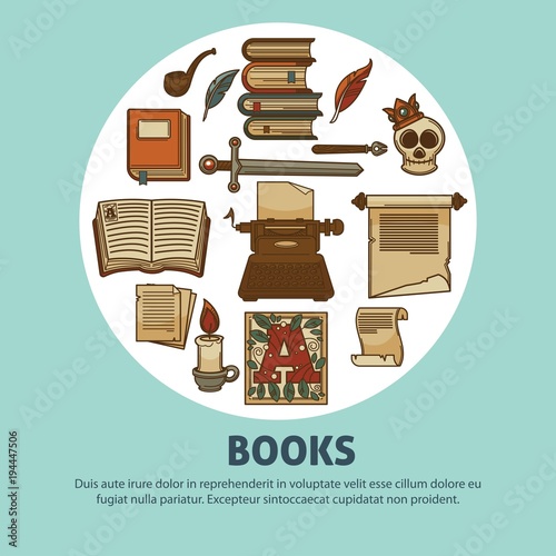 Poetry books poster of writer ink quill and stationery or detective smoking pipe