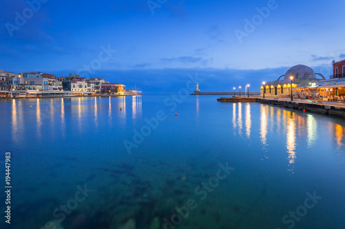 Architecture of Chania at night with Old Venetian port on Crete. Greece