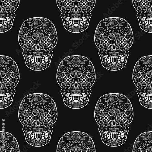 Day of The Dead colorful Skull with floral ornament. Seamless pattern. Mexican sugar skull. Vector illustration