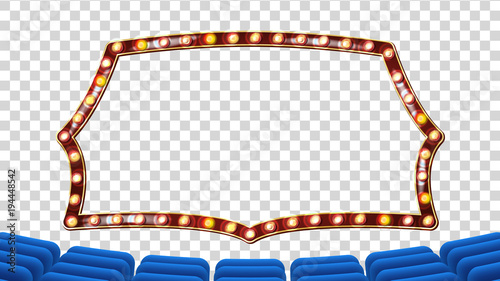 Blue Theater Curtain With Light Frame Vector. Blue Background And Light Bulbs Frame. Realistic Retro cinema Design Board. Marquee Banner. Place For Text. Illustration