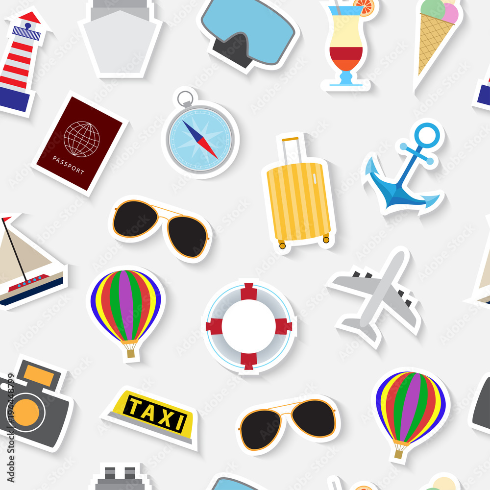 Seamless pattern background with modern travel stickers symbols flat icons - obrazy, fototapety, plakaty 
