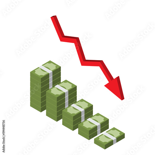 Decreasing stack of isometric money with red arrow, downtrend infographic vector