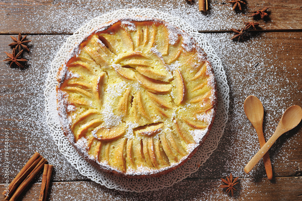 Apple pie cake dessert on wooden background Apple pie cake dessert on wooden background