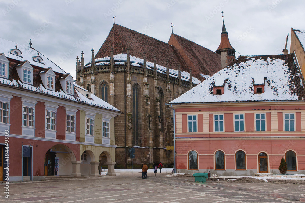 View of the Black church during winter, Brasov, Romania