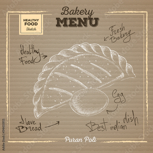 Bakery food illustration on cardboard background. Puran poli