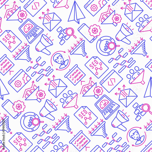 Conversion optimization seamless pattern with thin line icons: marketing, customer management, SEO technology, website promotion, visitors, sales funnel, web traffic. Modern vector illustration.