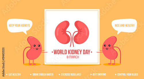 Couple of cute cartoon kidney characters holding card for World Kidney Day. Vector illustration, banner, header.