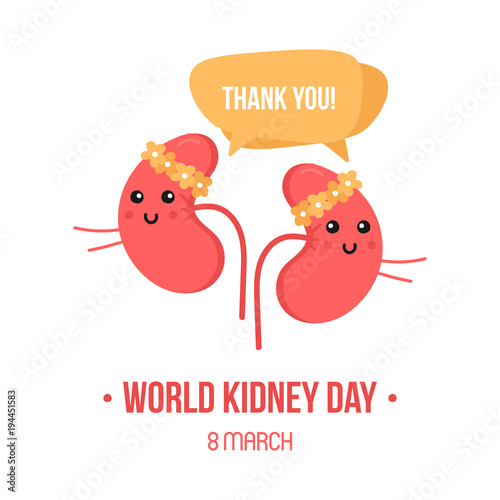 World kidney day card, vector illustration with cute cartoon kidneys characters in floral wreath, smiling, saying thank you.