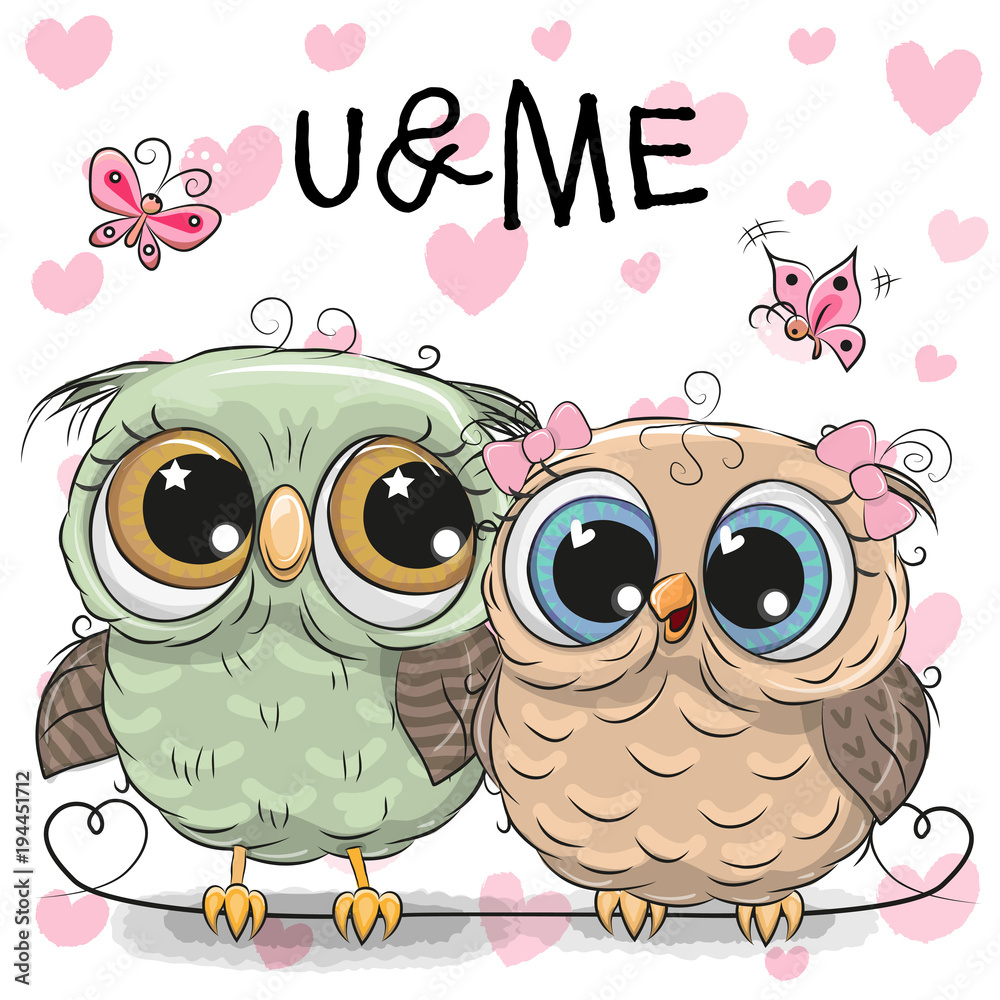 Fototapeta premium Two Owls on a hearts background