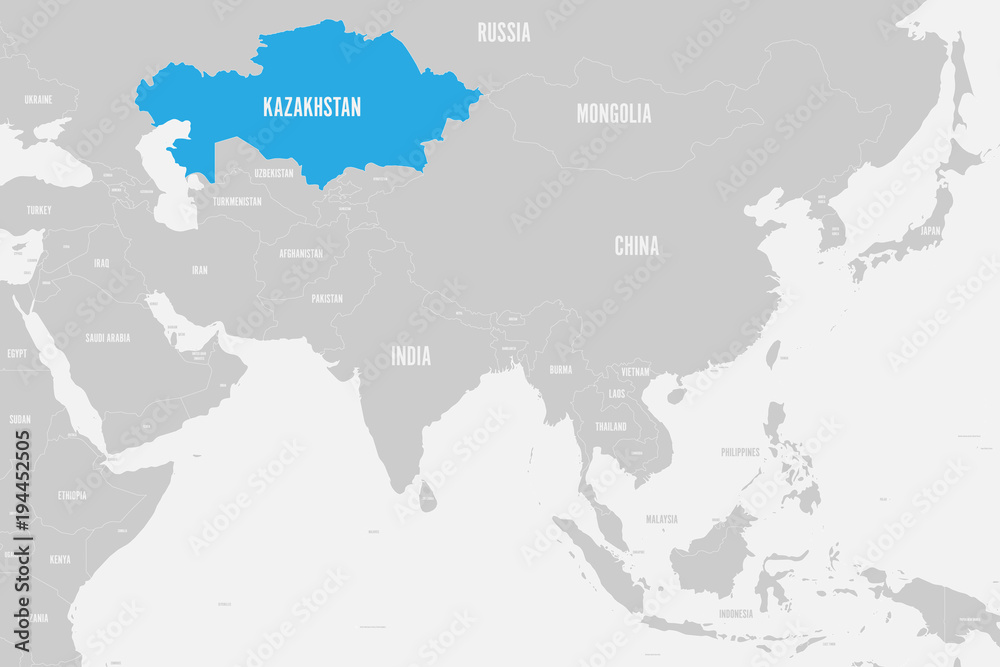 Kazakhstan On Map Of Asia Kazakhstan Blue Marked In Political Map Of Southern Asia. Vector  Illustration. Stock Vector | Adobe Stock