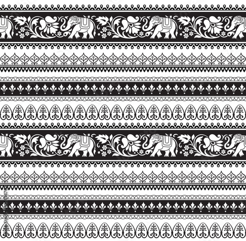 Seamless black and white pattern with included pattern brushes. Ethic Southeast Asia style. 	
