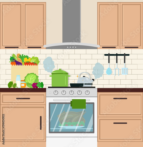 Stove in the kitchen with dishes. In the oven, a chicken. Vector flat illustration.