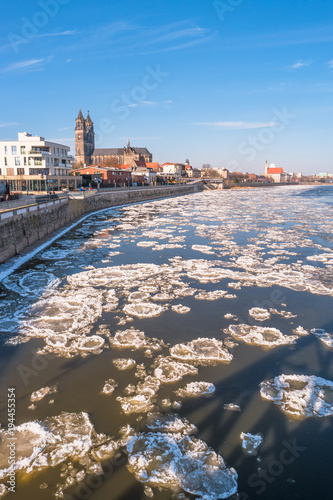 Magdeburg downtown during ice drift at Elbe, Germany