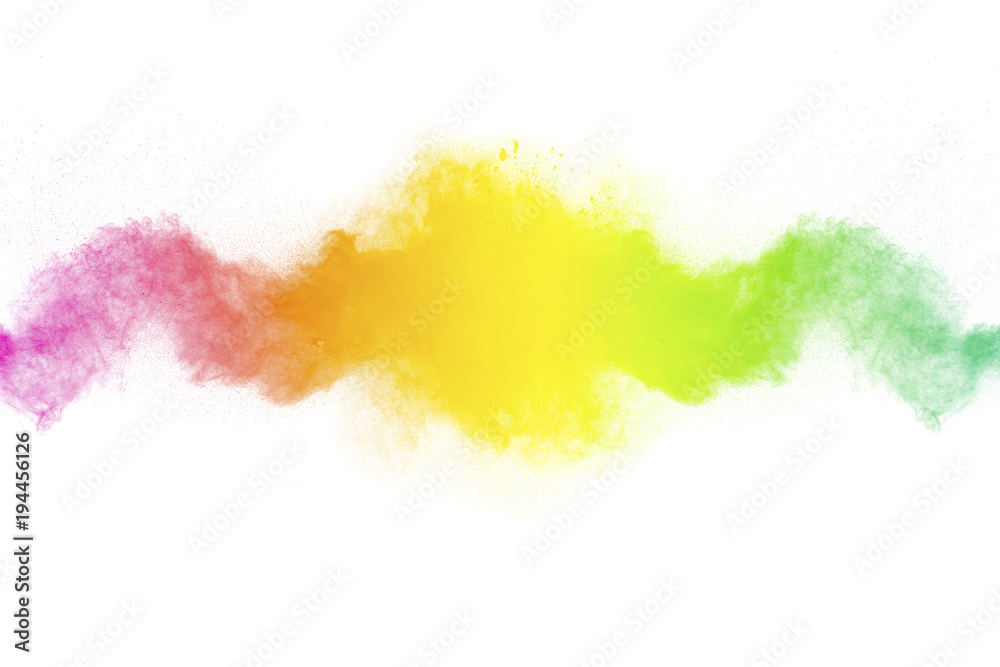 Multicolor powder explosion on white background. Colored cloud. Colorful dust explode. Paint Holi.abstract multicolored dust splatter on white background