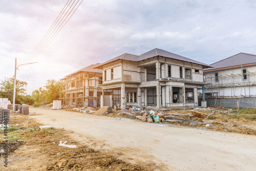 construction residential new house in progress at building site construction residential new house in progress at building site
