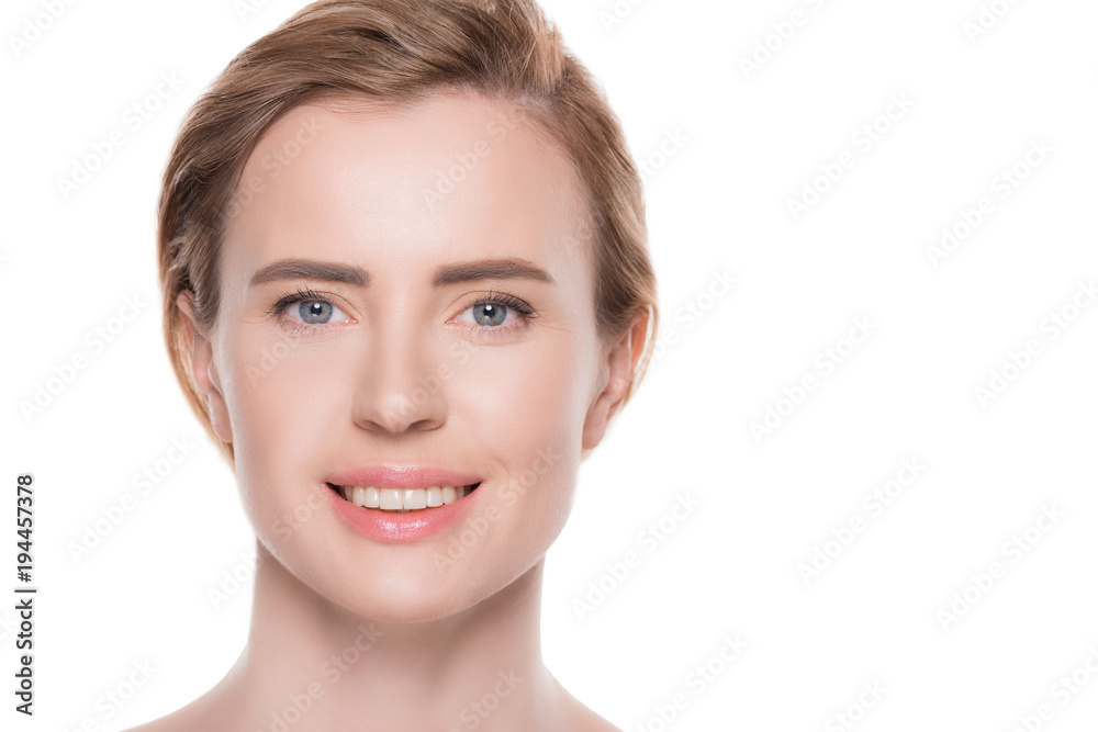 Smiling female with fresh clean skin isolated on white Smiling female with fresh clean skin isolated on white