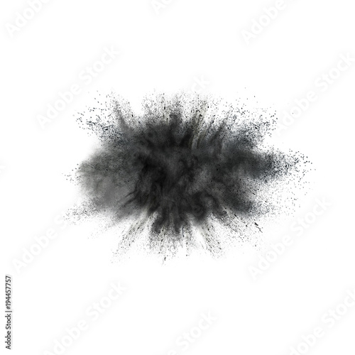 Black powder explosion against white background.The particles of charcoal splatted on white background. Closeup of black dust particles explode isolated on white background.