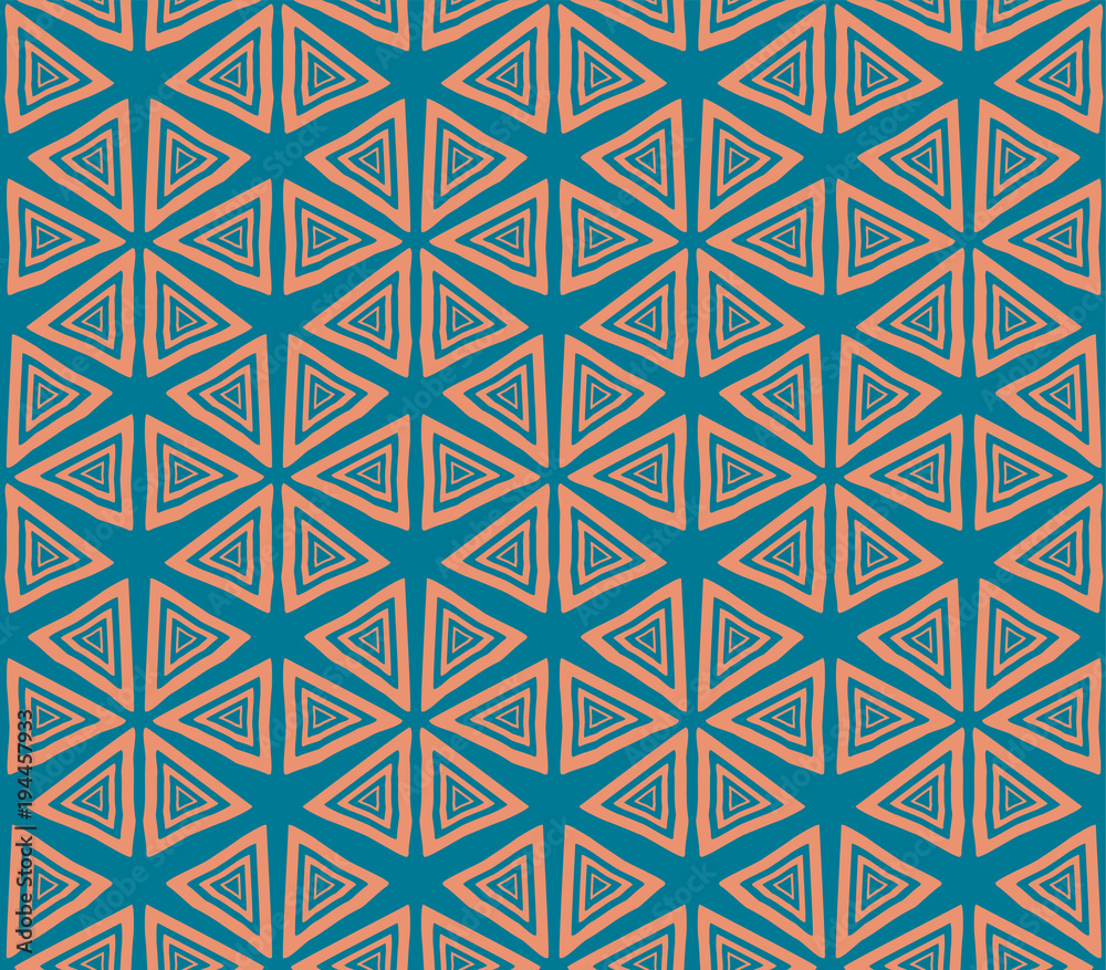 seamless texture in the style of hendmeyd linear triangles forming flowers and sockets, the effect of illusion. (orange-blue)