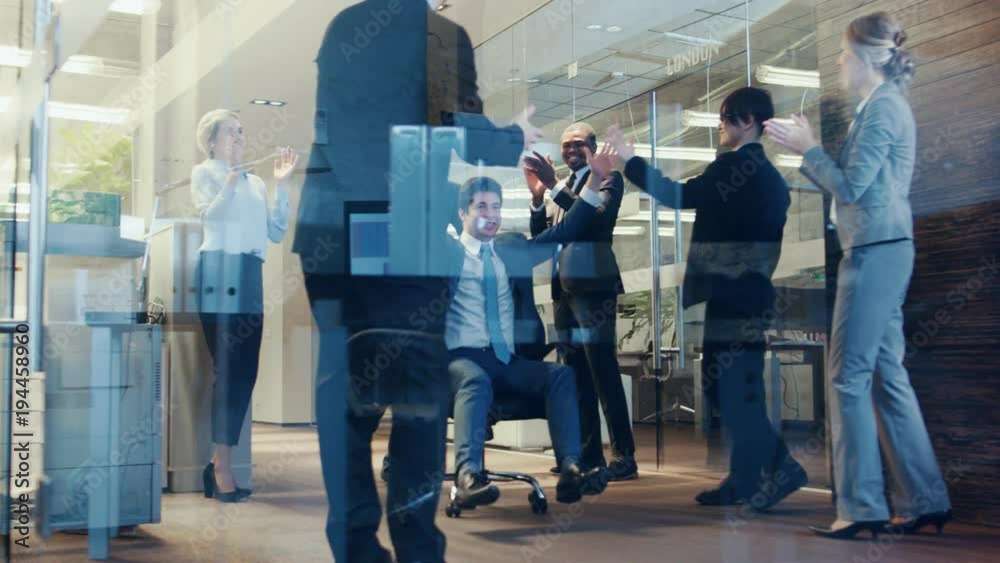 Corporate Office Chair Race, Two Fun Businessmen Ride Chairs in the