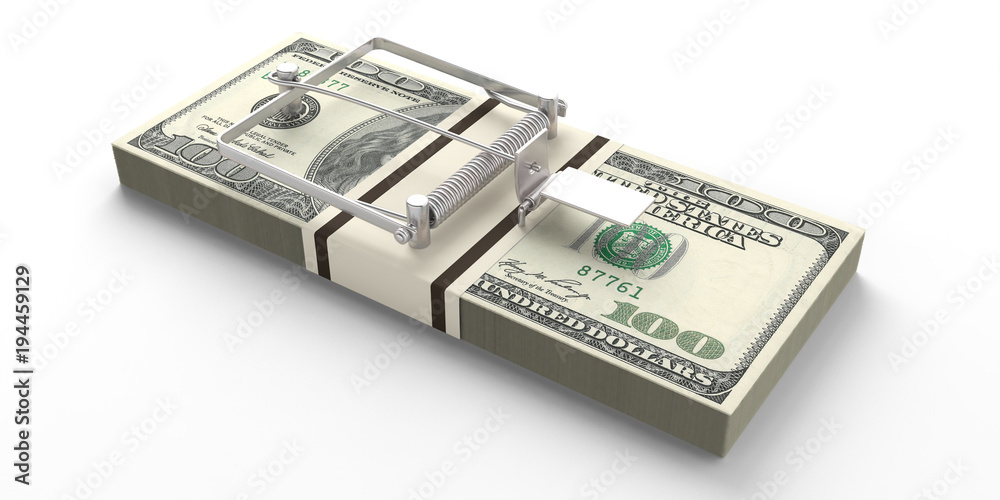 Dollars banknotes mouse trap isolated on white background. 3d illustration Dollars banknotes mouse trap isolated on white background. 3d illustration