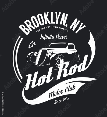 Vintage hot rod vector tee-shirt logo isolated on dark background.