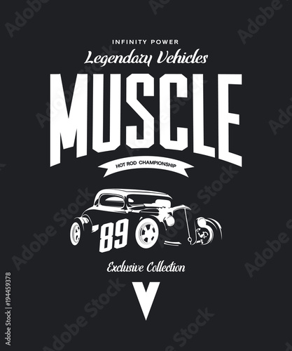 Vintage custom hot rod vector tee-shirt logo isolated on dark background.