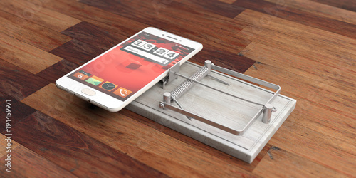 Smartphone on a mouse trap isolated on wooden background. 3d illustration