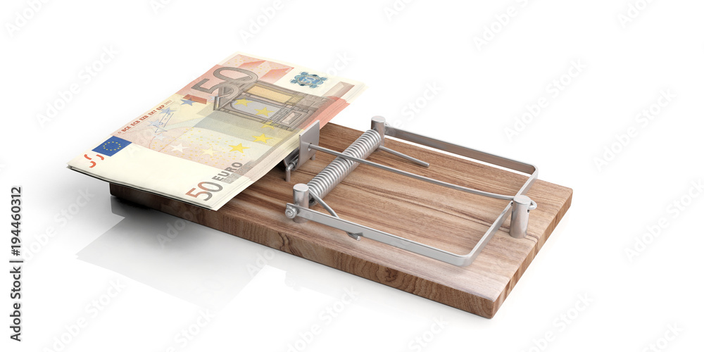 Euros banknotes on a mouse trap isolated on white background. 3d illustration Euros banknotes on a mouse trap isolated on white background. 3d illustration
