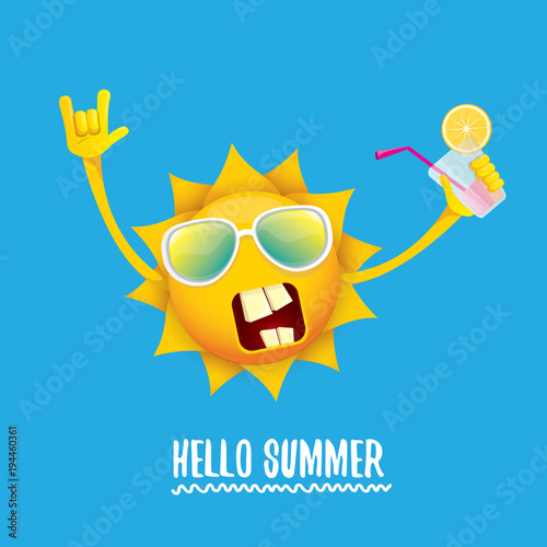 hello summer rock n roll vector label or logo. summer cocktail party poster background with funky smiling sun character