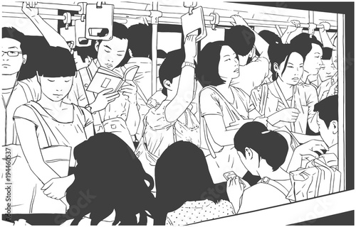 Black and white illustration of crowded metro car
