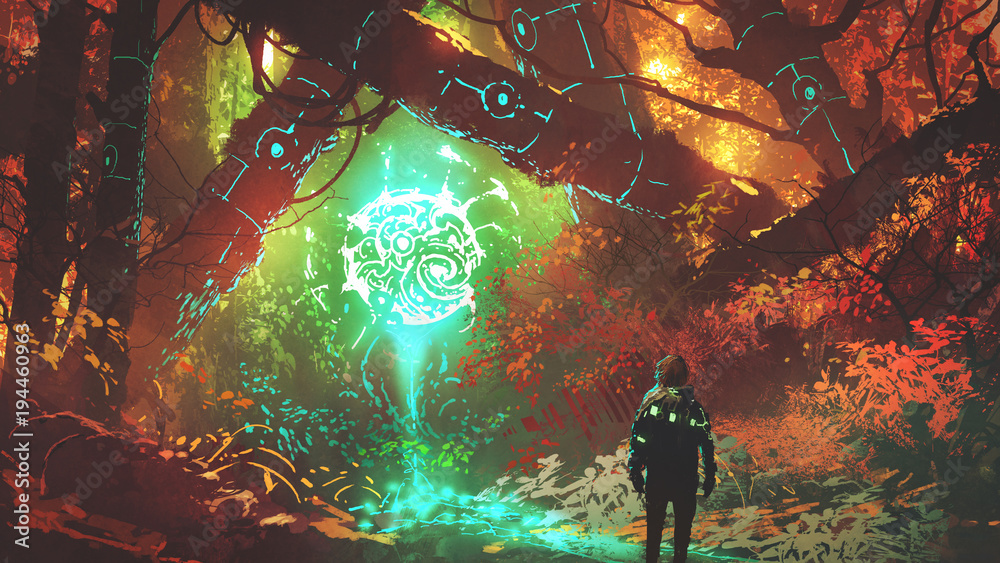 człowiek patrząc na świecące futurystyczne światło w zaczarowanym czerwonym lesie, cyfrowy styl sztuki, malarstwo ilustracja