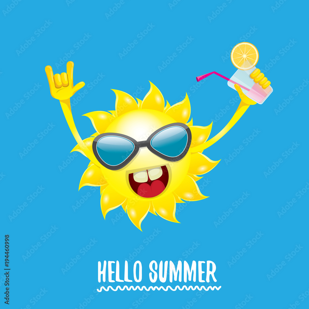 hello summer rock n roll vector label or logo. summer cocktail party poster background with funky smiling sun character hello summer rock n roll vector label or logo. summer cocktail party poster background with funky smiling sun character