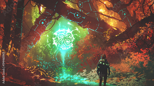 Naklejka człowiek patrząc na świecące futurystyczne światło w zaczarowanym czerwonym lesie, cyfrowy styl sztuki, malarstwo ilustracja