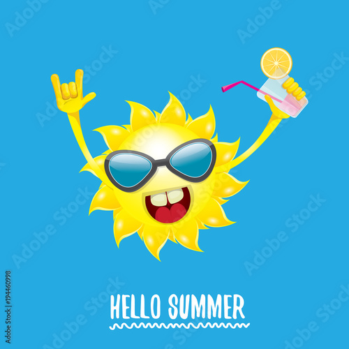 hello summer rock n roll vector label or logo. summer cocktail party poster background with funky smiling sun character