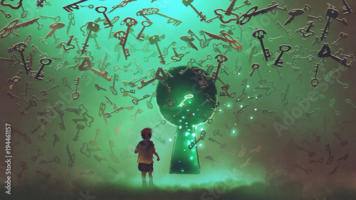 mały chłopiec stojący przed dziurką od klucza z zielonym światłem i wieloma klawiszami unoszącymi się wokół niego, styl sztuki cyfrowej, malowanie ilustracji