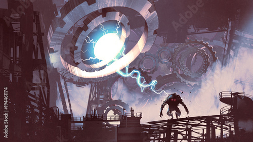 scena sci-fi przedstawiająca gigantyczną maszynę z niebieskim światłem tworzącą potwora w starej fabryce, styl sztuki cyfrowej, malowanie ilustracji
