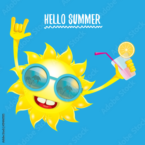 hello summer rock n roll vector label or logo. summer cocktail party poster background with funky smiling sun character
