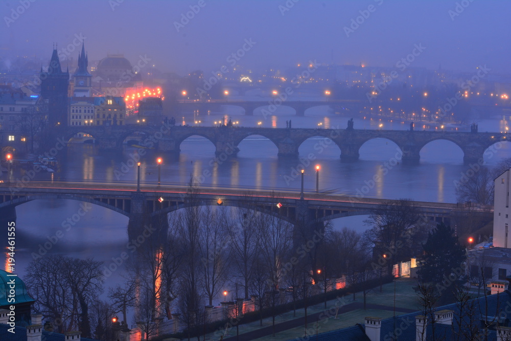 Prague's night bridges. Czech. Cityscape. 