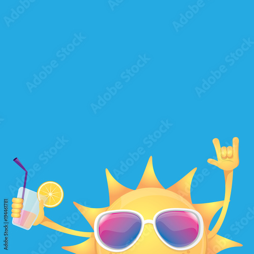 hello summer rock n roll vector label or logo. summer cocktail party poster background with funky smiling sun character