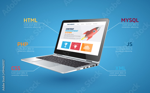 Programming language concept - PHP, CSS, XML, HTML, Javascript learning - book as laptop