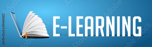 Elearning concept - laptop as book on blue banner with word E-LEARNING  