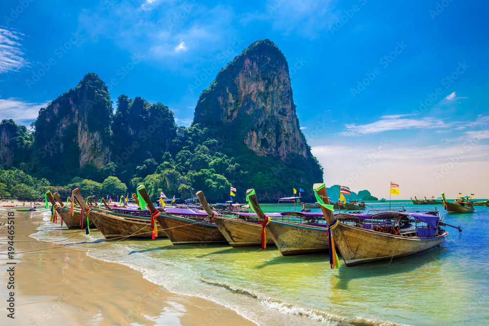 Beautiful destination scene on Railay beach in Krabi region of Thailand
